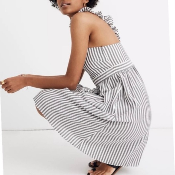 NWT Madewell Striped Ruffle Strap Empire Waist Mini Dress Gray White Size 0 - Picture 3 of 11